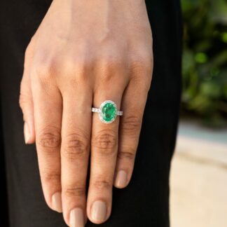 Luxury Halo Diamond Ring With 11x8mm Emerald Prong Set In 14k White Gold Engagement Ring