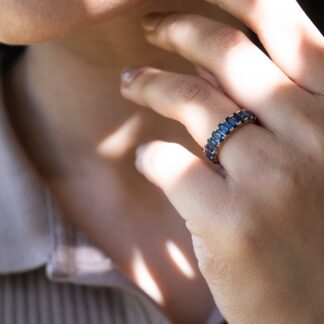 Eternity Gemstone Band In 14k Real Yellow Gold Blue Sapphire 5x3mm Oval Wedding Ring