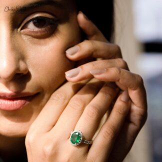 Luxury Halo Diamond Ring With 11x8mm Emerald Prong Set In 14k White Gold Engagement Ring