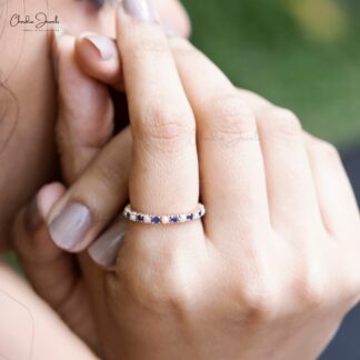 Round Pearl Eternity Band With 2mm Blue Sapphire Prong Set In 14k Rose Gold Wedding Ring