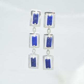 Baguette Lapis Lazuli Three Stone Earrings In 925 Sterling Silver Dangling Women Earrings