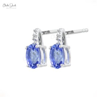 Two Stone Wedding Earrings with 6x4mm Tanzanite And Diamond 14k White Gold Studs