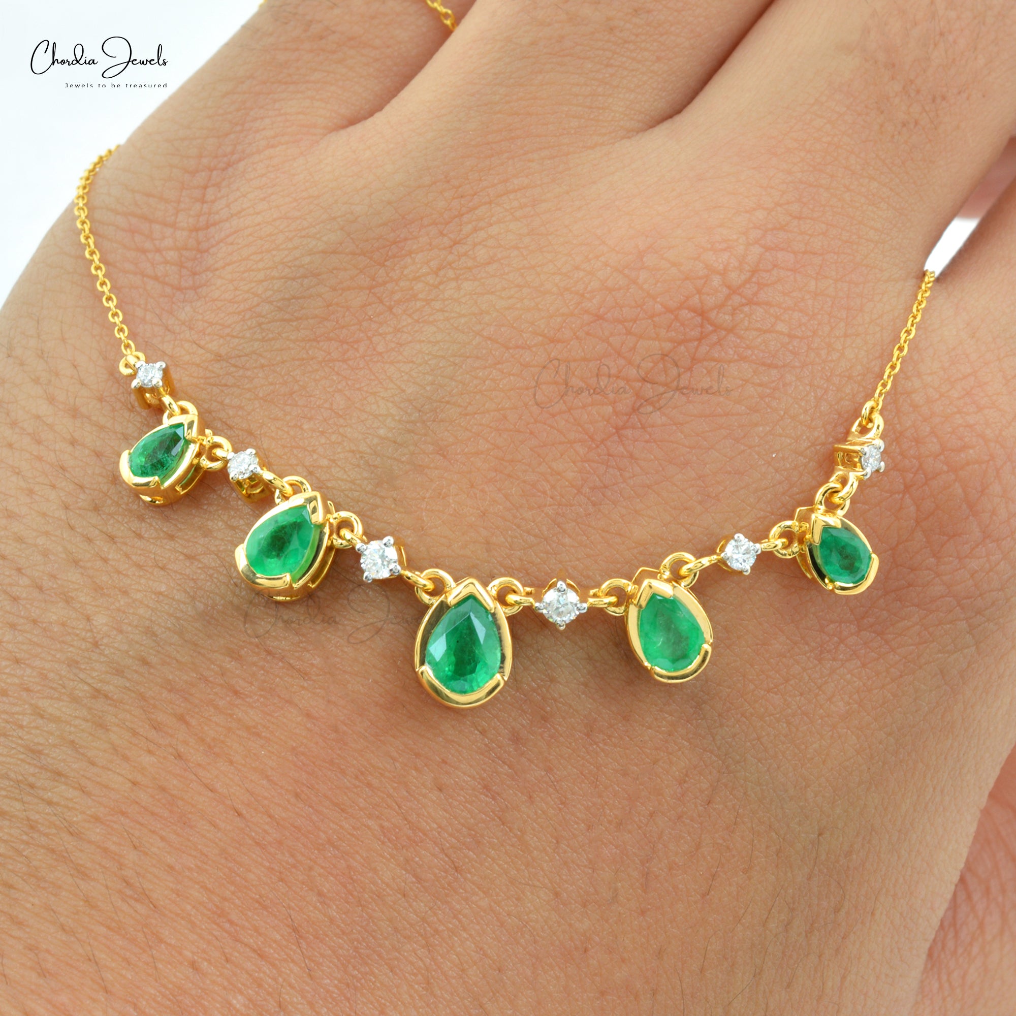 Bezel Set Emerald Chain Necklace In 14k Yellow Gold Diamond IGI Certified Fine Necklaces