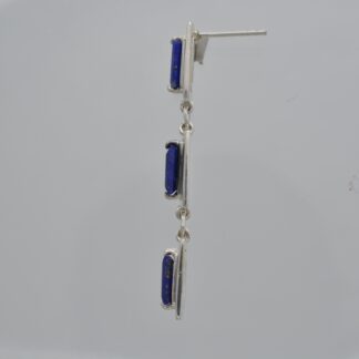 Baguette Lapis Lazuli Three Stone Earrings In 925 Sterling Silver Dangling Women Earrings