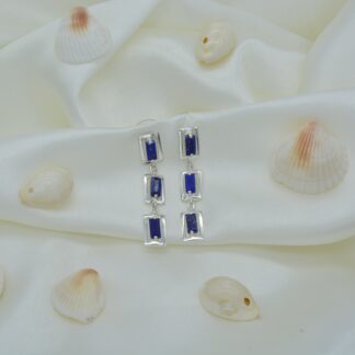 Baguette Lapis Lazuli Three Stone Earrings In 925 Sterling Silver Dangling Women Earrings