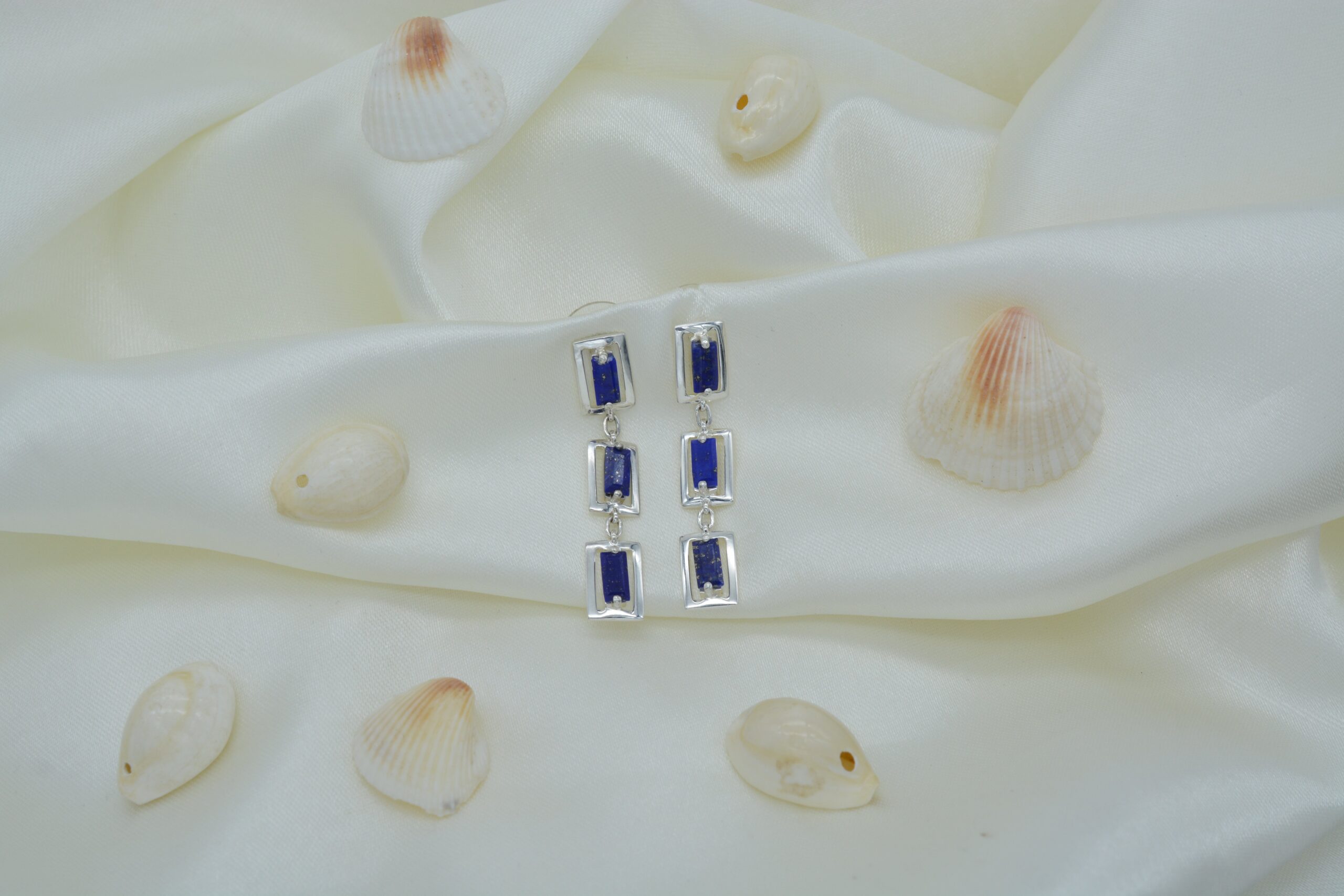 Baguette Lapis Lazuli Three Stone Earrings In 925 Sterling Silver Dangling Women Earrings