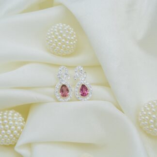 Top Quality Pink Tourmaline 7x5mm Gemstone And Zircon 925 Silver Halo Stud Earrings