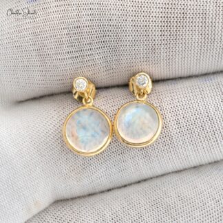 Real 14k Yellow Gold 2 Stone Earrings With 8mm Rainbow Moonstone Diamond Dangle Jewelry