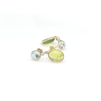 Oval Peridot Dangle Earring With 6mm Aquamarine Diamond 14k Yellow Gold 3 Stone Earrings