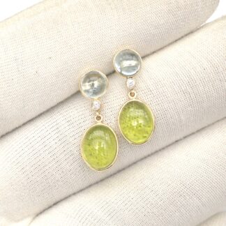 Bezel Set Trio Earring With 8x6mm Peridot And Aquamarine Diamond 14k Yellow Gold Earrings