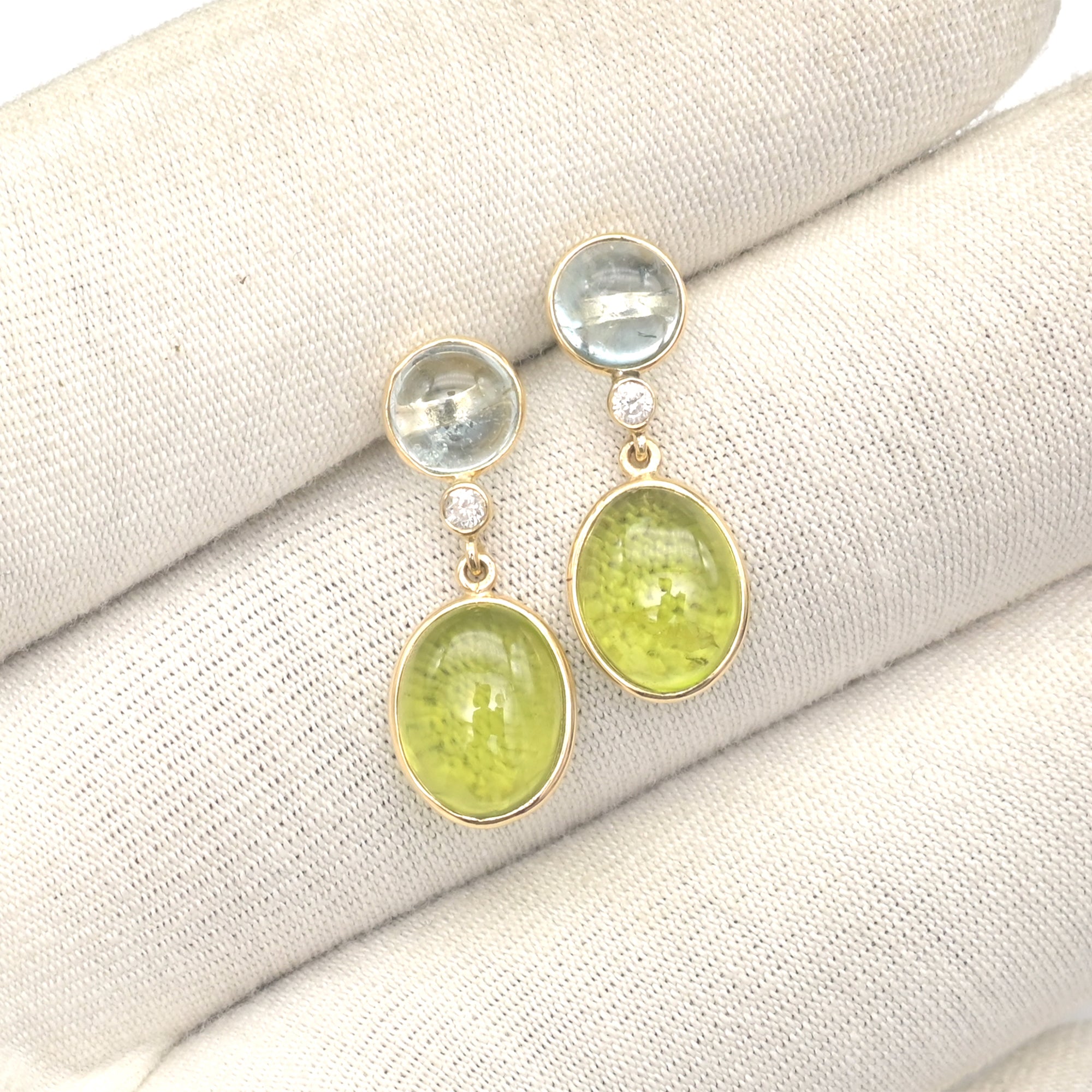 Bezel Set Trio Earring With 8x6mm Peridot And Aquamarine Diamond 14k Yellow Gold Earrings