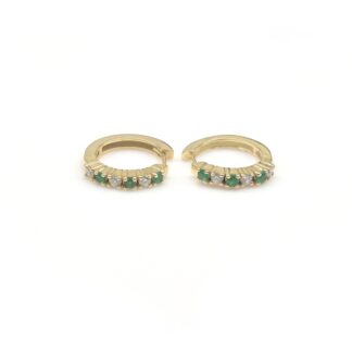 Pure 14k Yellow Gold Huggie Hoops With 0.18 Ct Emerald Dainty Diamond Hallmark Earrings