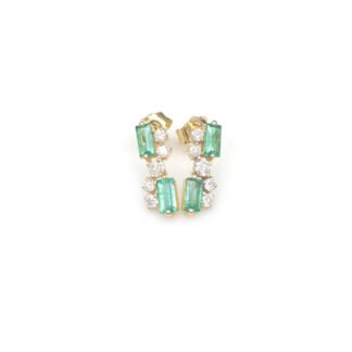 Real 14k Yellow Gold Dainty Stud With 0.73 Ct Baguette Emerald Diamond Cluster Earrings
