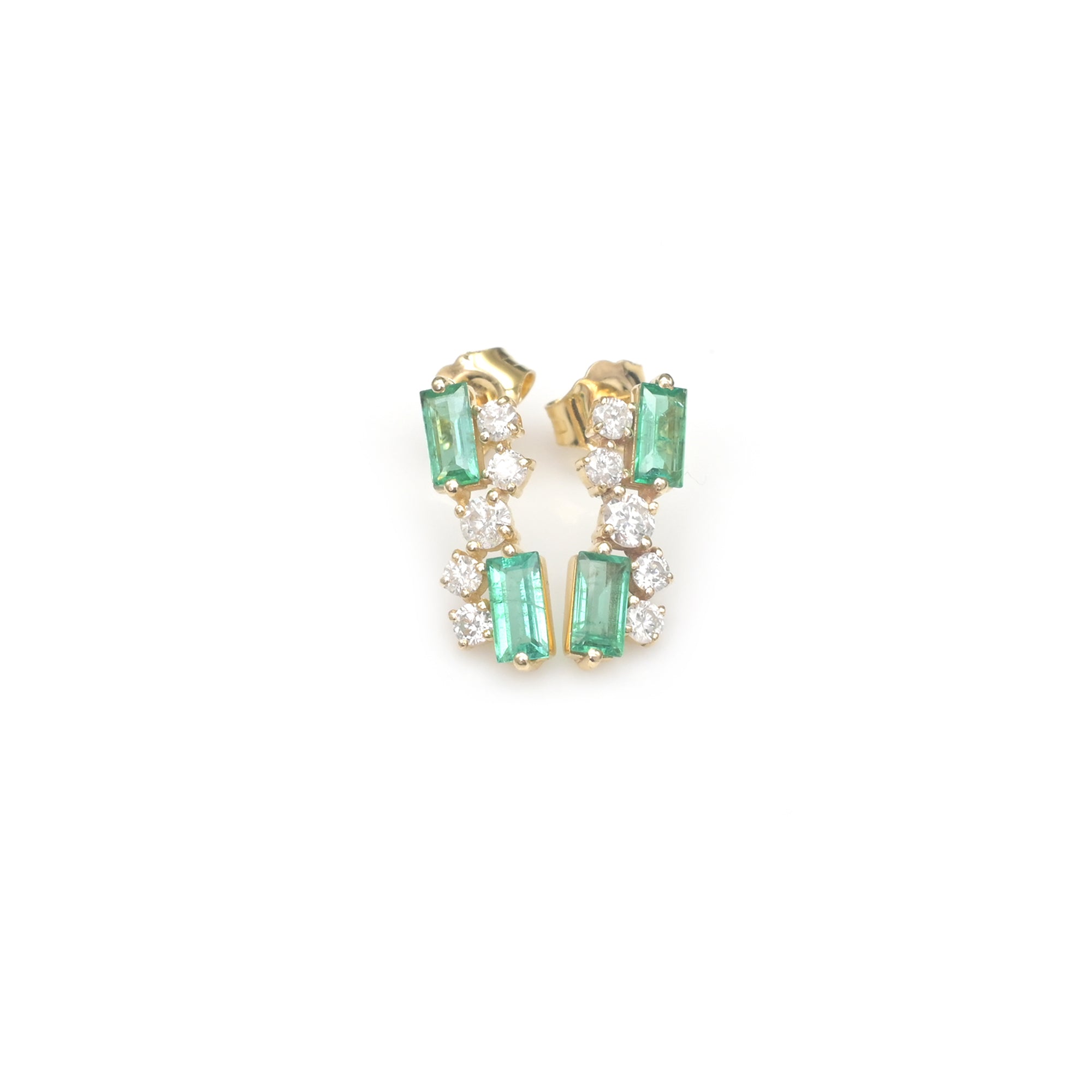 Real 14k Yellow Gold Dainty Stud With 0.73 Ct Baguette Emerald Diamond Cluster Earrings