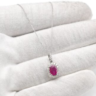 IGI Certified Halo Pendant In 14k Real White Gold Burma Ruby Diamond Pendant For Her