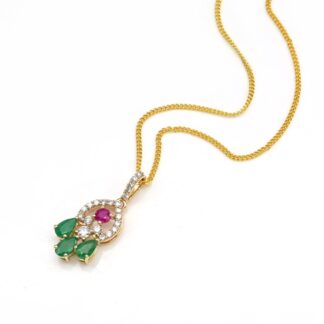 Dangle Multi Stone Pendant In 14k Yellow Gold Emerald & Ruby Diamond Cluster Necklace