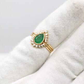 Genuine Emerald Trio Halo Band In 14k Yellow Gold Diamond IGI Verified Wedding Ring