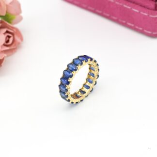 Eternity Gemstone Band In 14k Real Yellow Gold Blue Sapphire 5x3mm Oval Wedding Ring