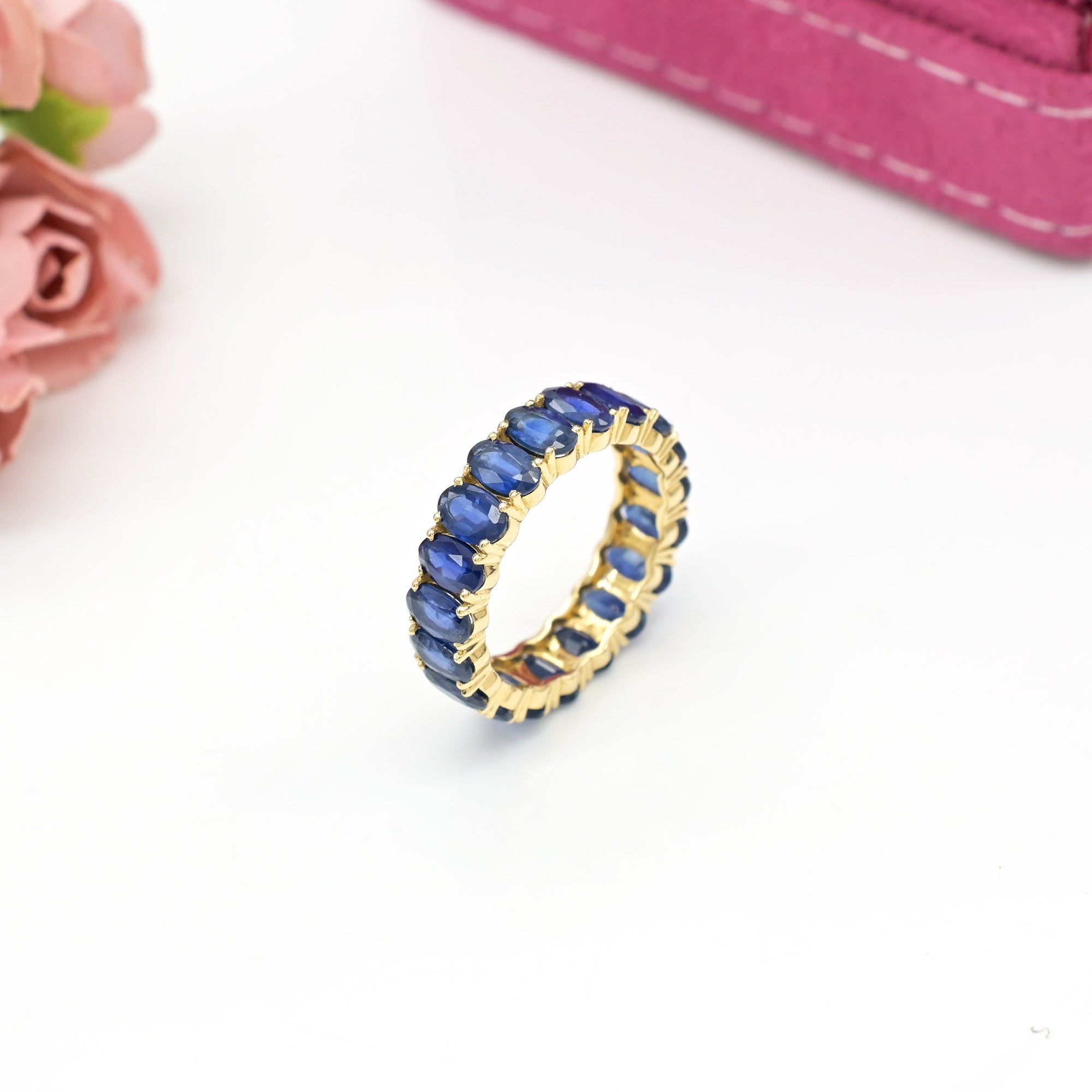 Eternity Gemstone Band In 14k Real Yellow Gold Blue Sapphire 5x3mm Oval Wedding Ring