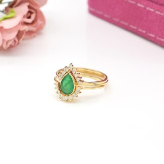 Genuine Emerald Trio Halo Band In 14k Yellow Gold Diamond IGI Verified Wedding Ring