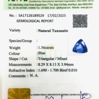 Natural Tanzanite 1.56 Ct Trillion Cut Loose Gemstone for Making Ring, 1 Piece