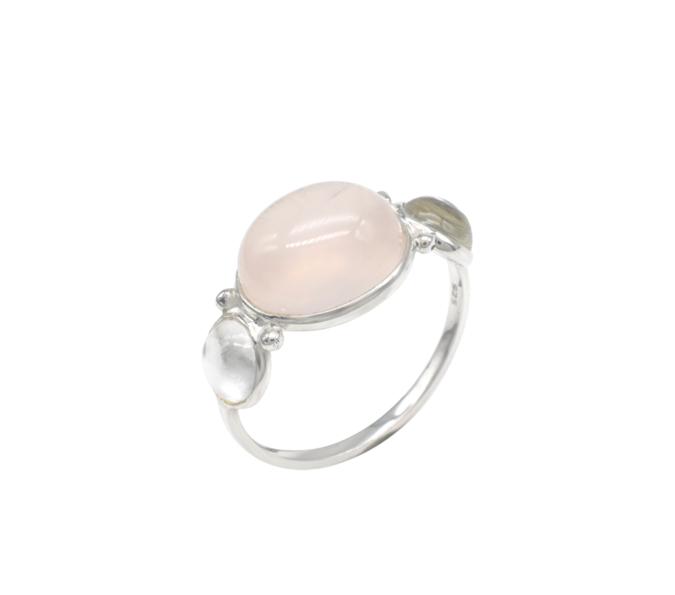 Top Quality 6 Ct Rose Quartz Cabochon And White Topaz Trio Ring In 925 Solid Silver